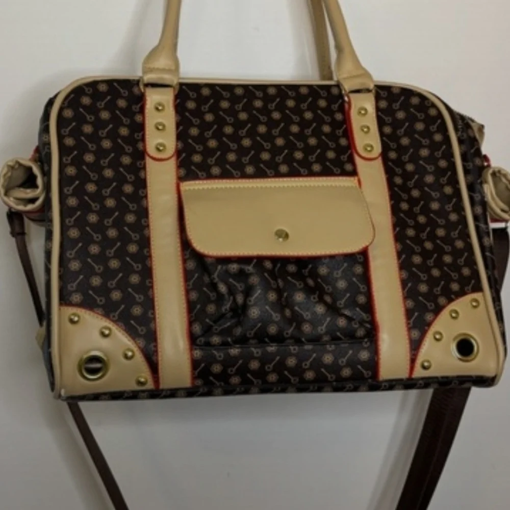 Fine Elegant Canine Couture Stylish Tan Black Faux Leather Signature Pet Carrier